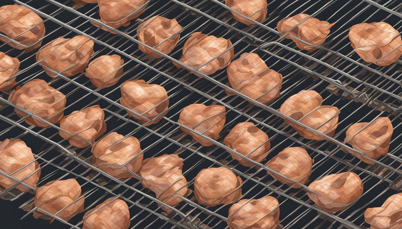 Chicken hearts spread out on a wire rack in the oven, slowly dehydrating under low heat