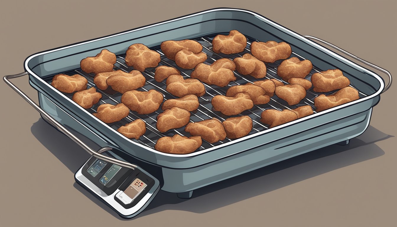 A tray of chicken hearts on a wire rack inside an open oven, with the oven temperature dial set to low heat