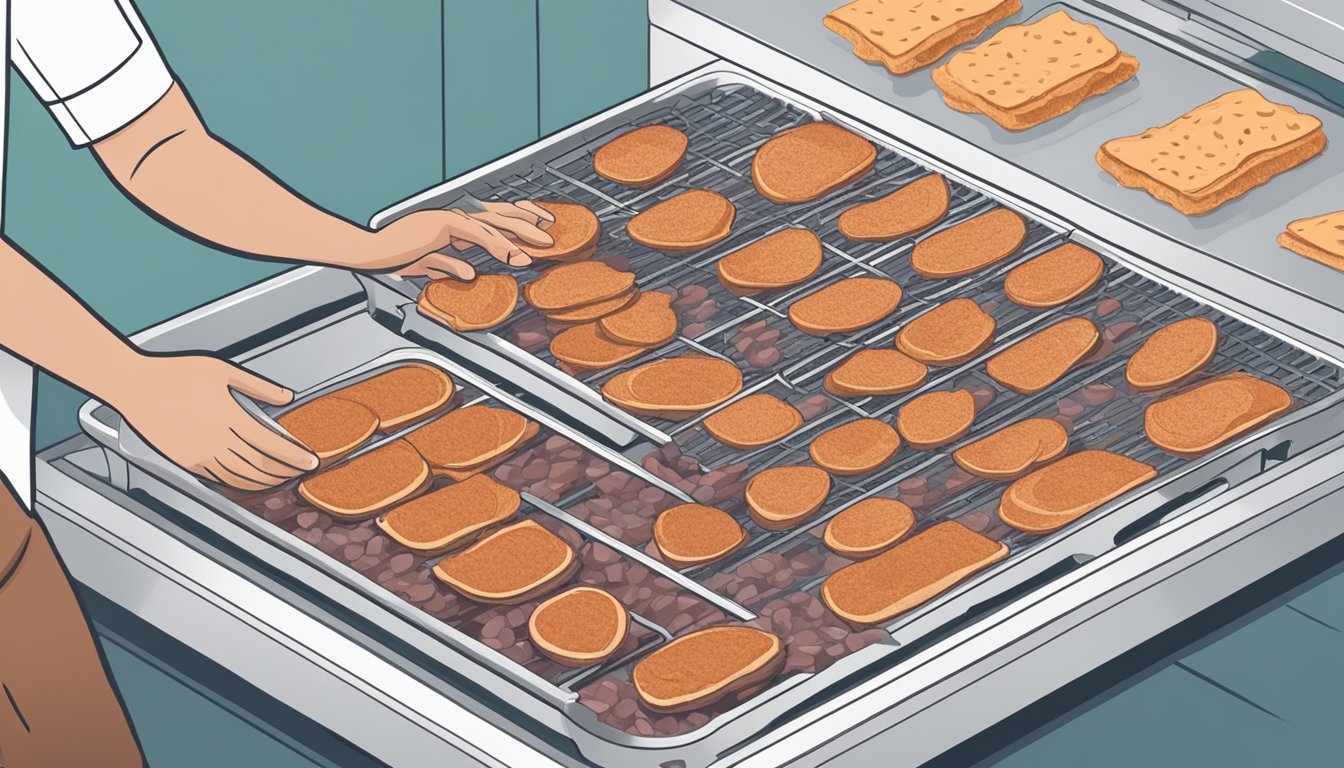 Liver slices laid out on dehydrator trays, with a person placing the trays into the dehydrator