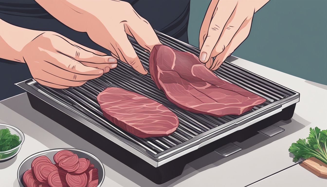 A person slicing raw liver into thin strips and placing them on a dehydrator tray