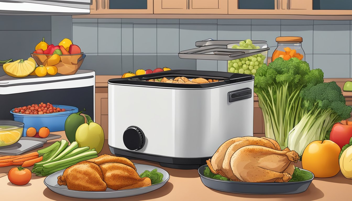 A chicken breast sits on the air fryer rack, surrounded by trays of various fruits and vegetables ready for dehydration