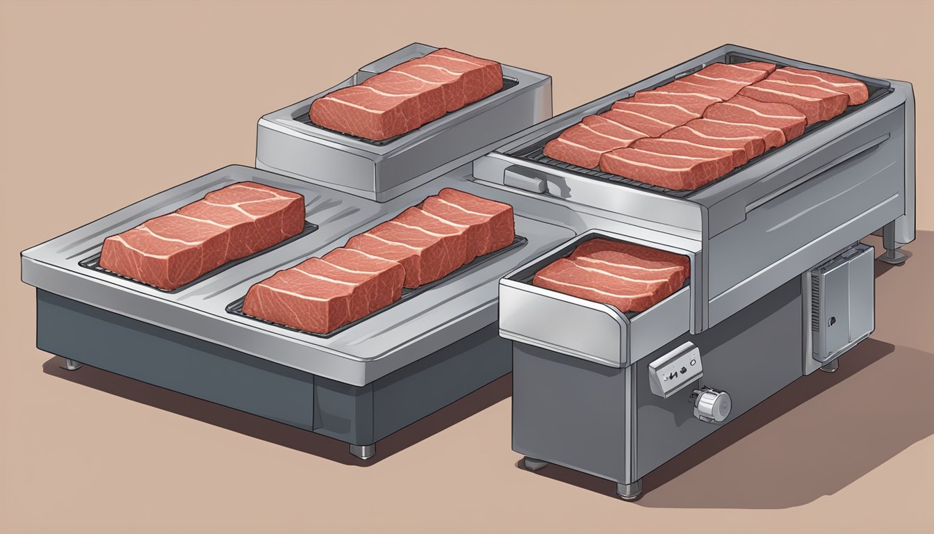 Slices of beef laid out on dehydrator trays, with the machine set to 160 degrees Fahrenheit