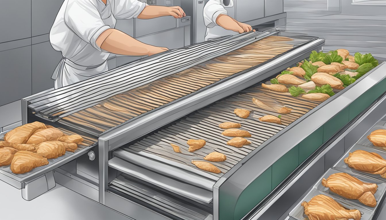 A turkey is being sliced into thin strips and placed on dehydrator trays. The trays are then stacked in the dehydrator machine