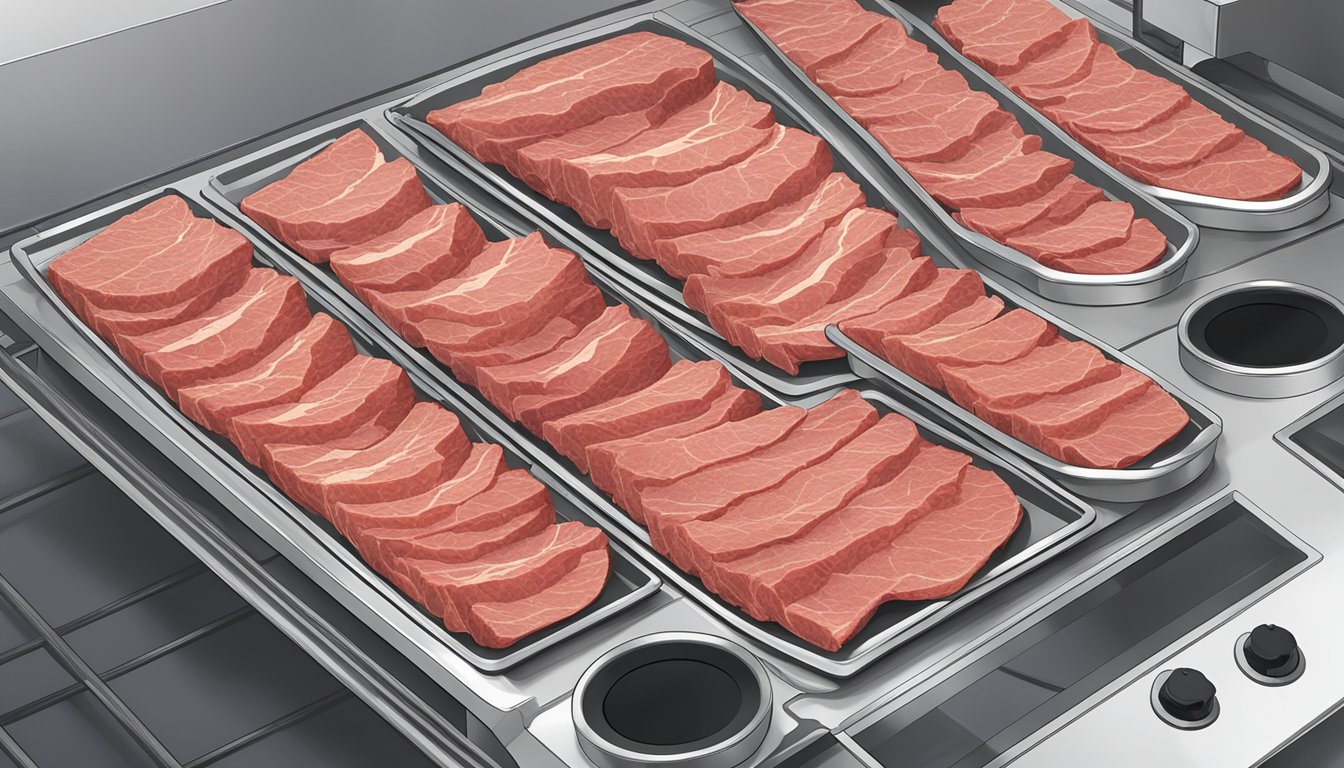 Slices of beef arranged on dehydrator trays, set to 160 degrees, with a timer in the background