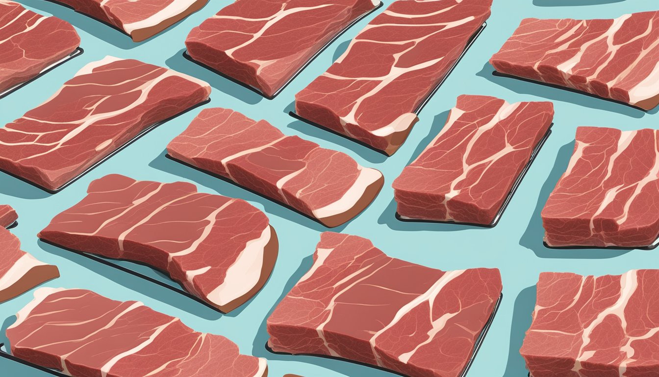 Slices of beef laid out on dehydrator trays at 145°F