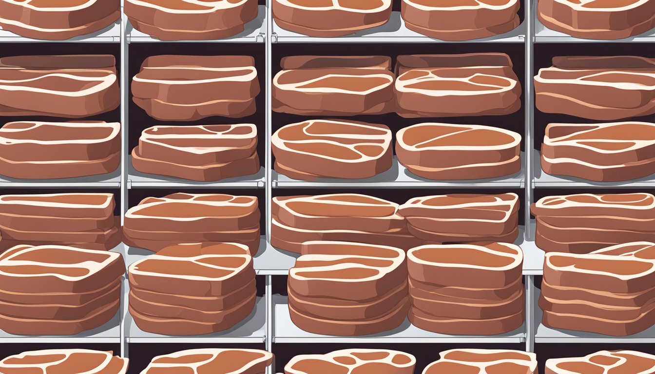 Slices of beef arranged on dehydrator trays, set to 145°F