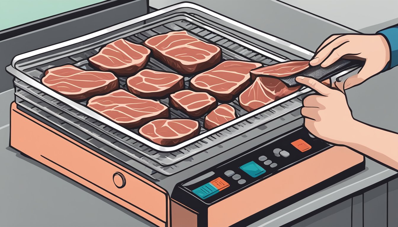 A person placing slices of beef onto dehydrator trays at 145 degrees