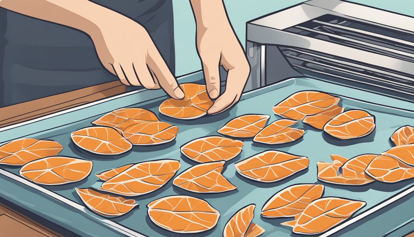 A person placing slices of fish onto a dehydrator tray, preparing to dry them for dog treats