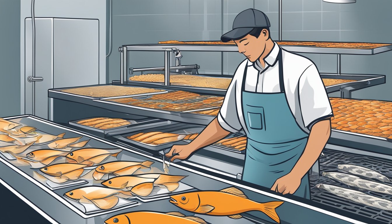 A person slicing and cleaning fish, placing them on dehydrator trays, and setting the machine to dry