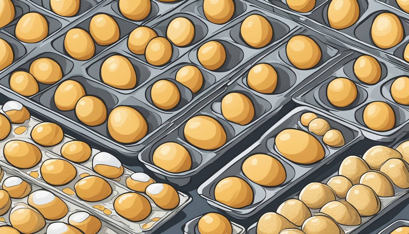 Eggs cracked into a bowl, whisked, and spread onto dehydrator trays. Trays placed in oven, heat set to low. After several hours, dried eggs are removed and stored in airtight containers