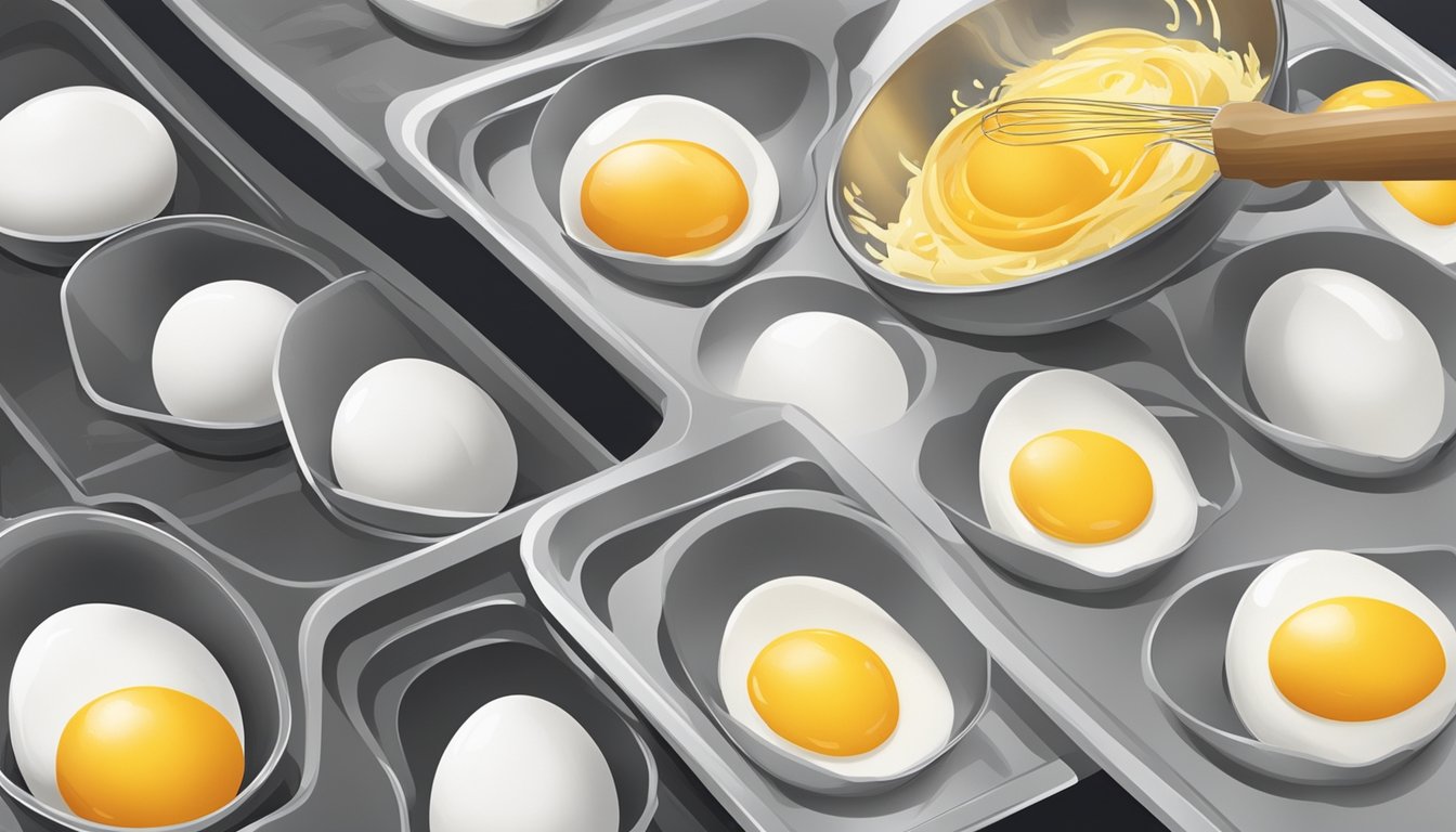 Eggs being whisked in a bowl, then poured onto a baking sheet and placed in the oven