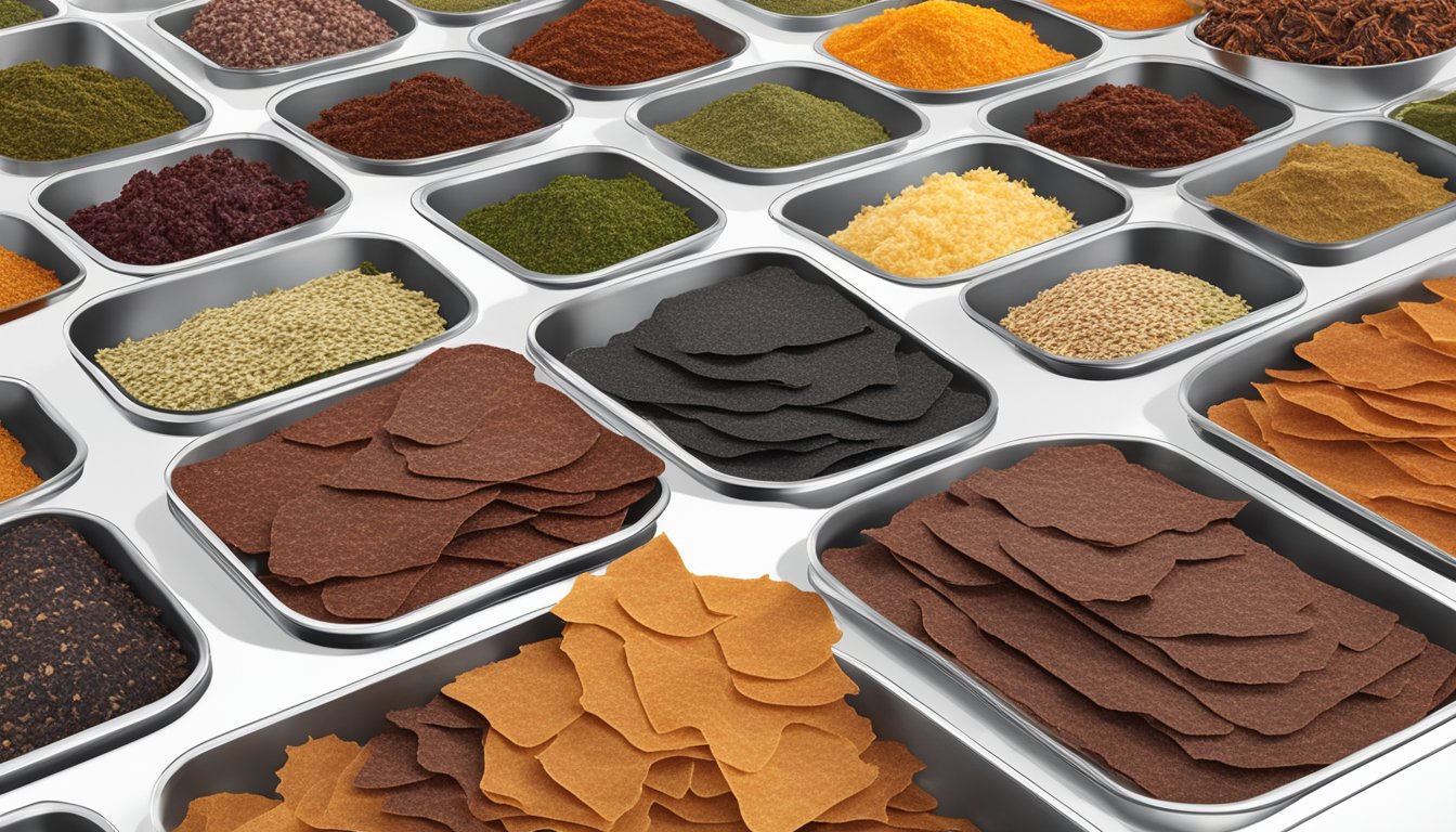 A pile of deer jerky strips laid out on dehydrator trays, surrounded by various seasonings and flavorings