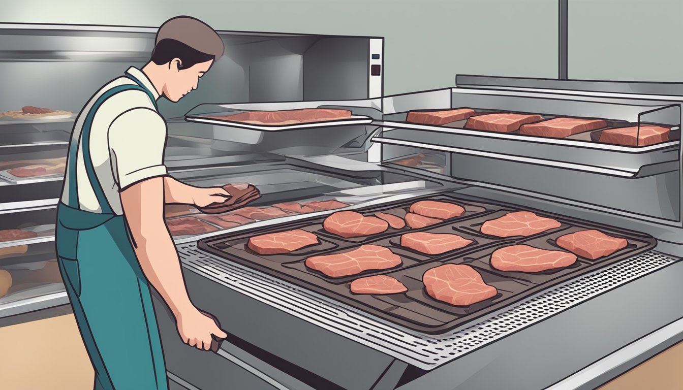 A person placing seasoned deer meat on dehydrator trays, setting the timer for several hours