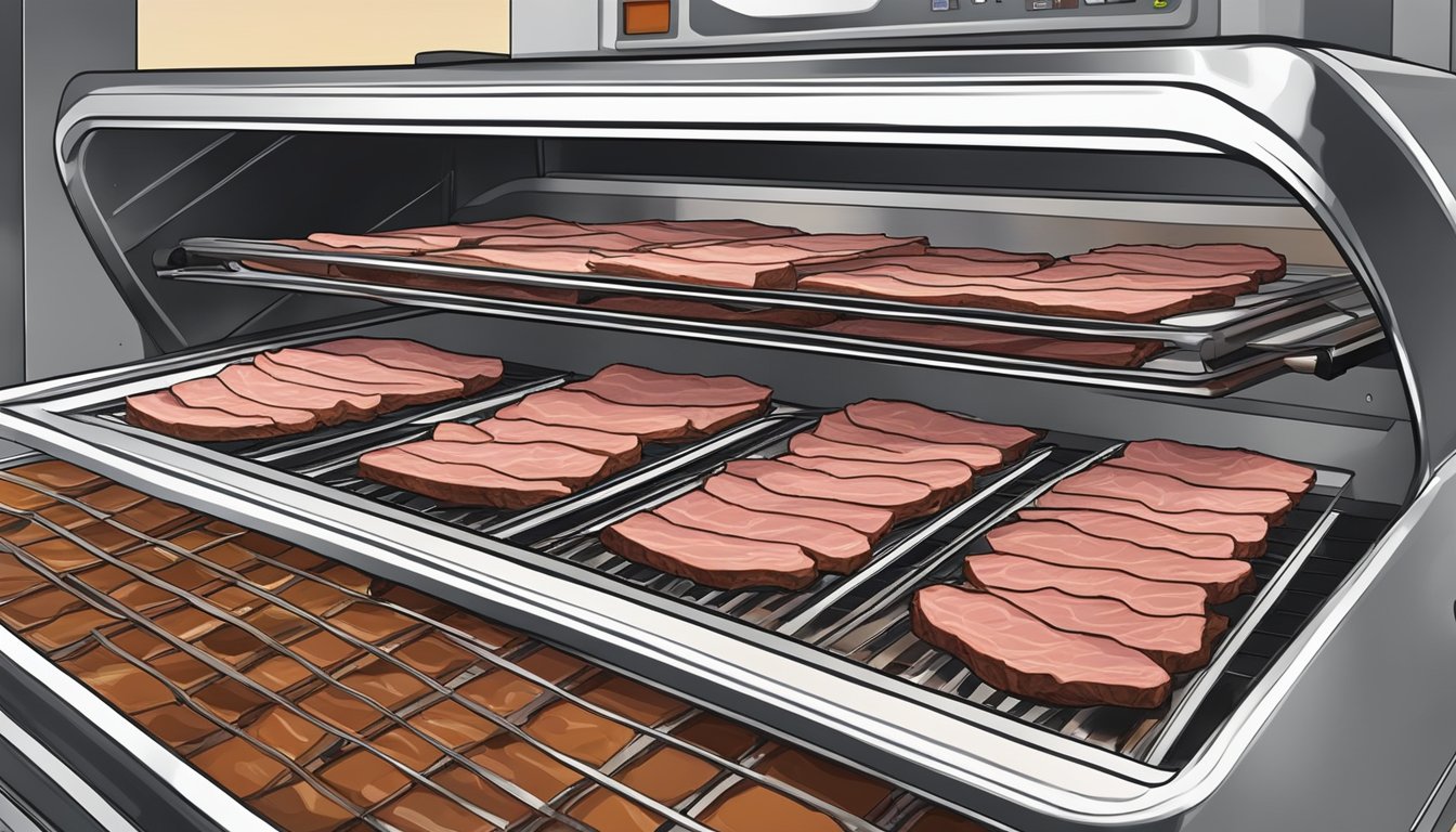 Slices of marinated deer meat lay on dehydrator trays, the machine humming as it slowly dries the jerky for several hours