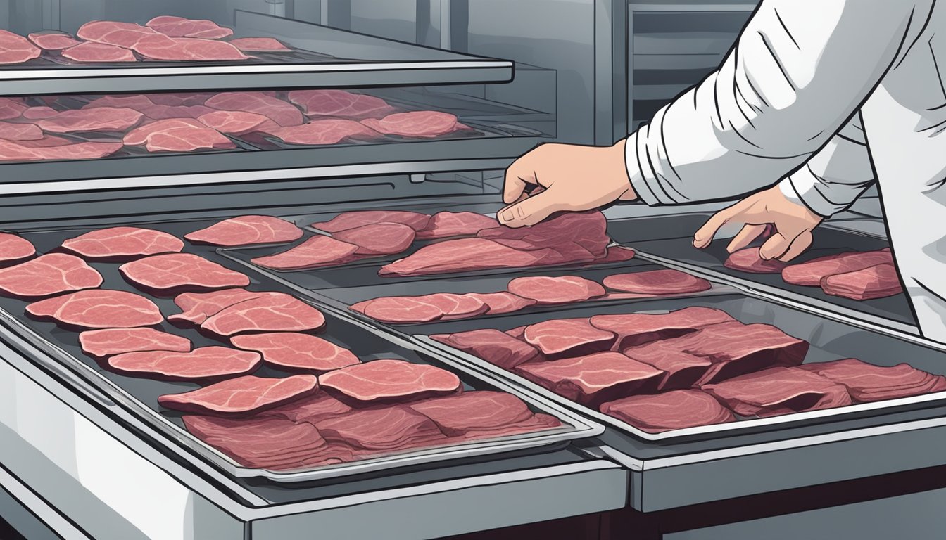 A person placing sliced beef heart onto dehydrator trays