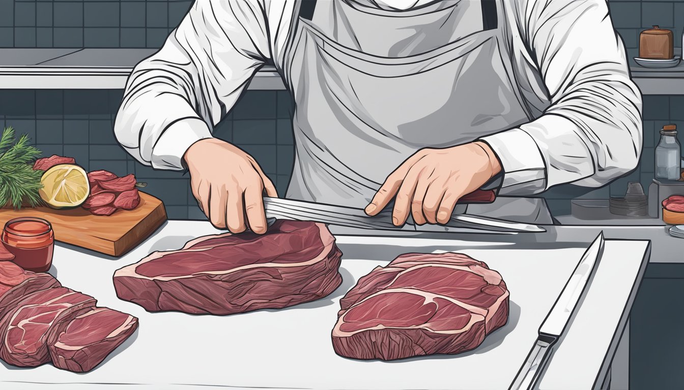 A butcher slicing beef heart into thin strips for dehydration