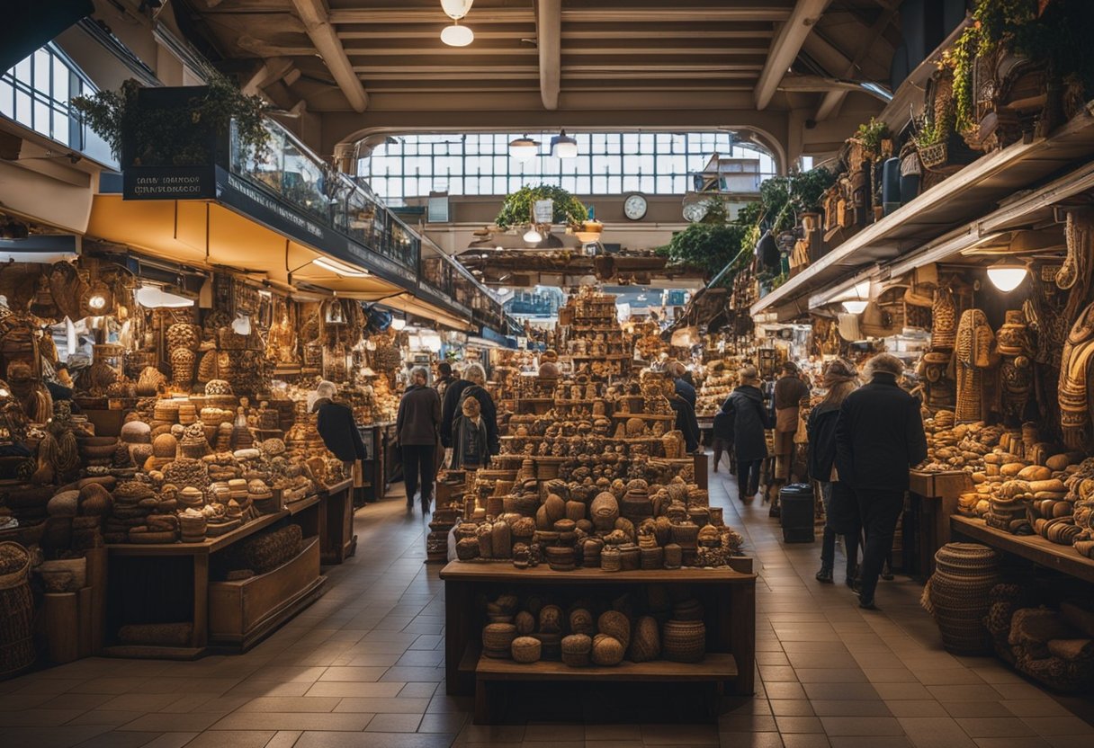 A bustling market in Wellington, New Zealand, filled with unique souvenirs such as Maori carvings, sheepskin rugs, and local artwork. The vibrant atmosphere reflects the rich cultural influence of the country