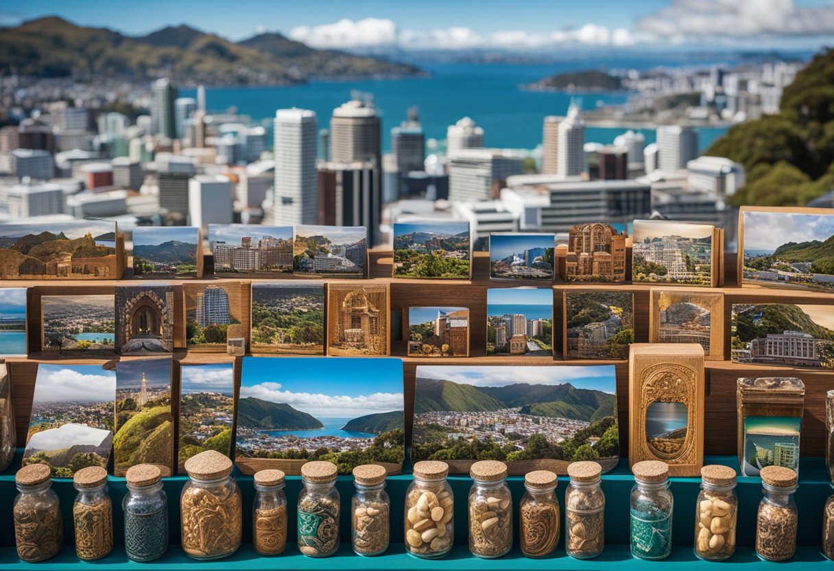 A colorful display of Wellington souvenirs, including kiwi bird trinkets, Maori carvings, and scenic postcards, set against a backdrop of the city's diverse landscapes