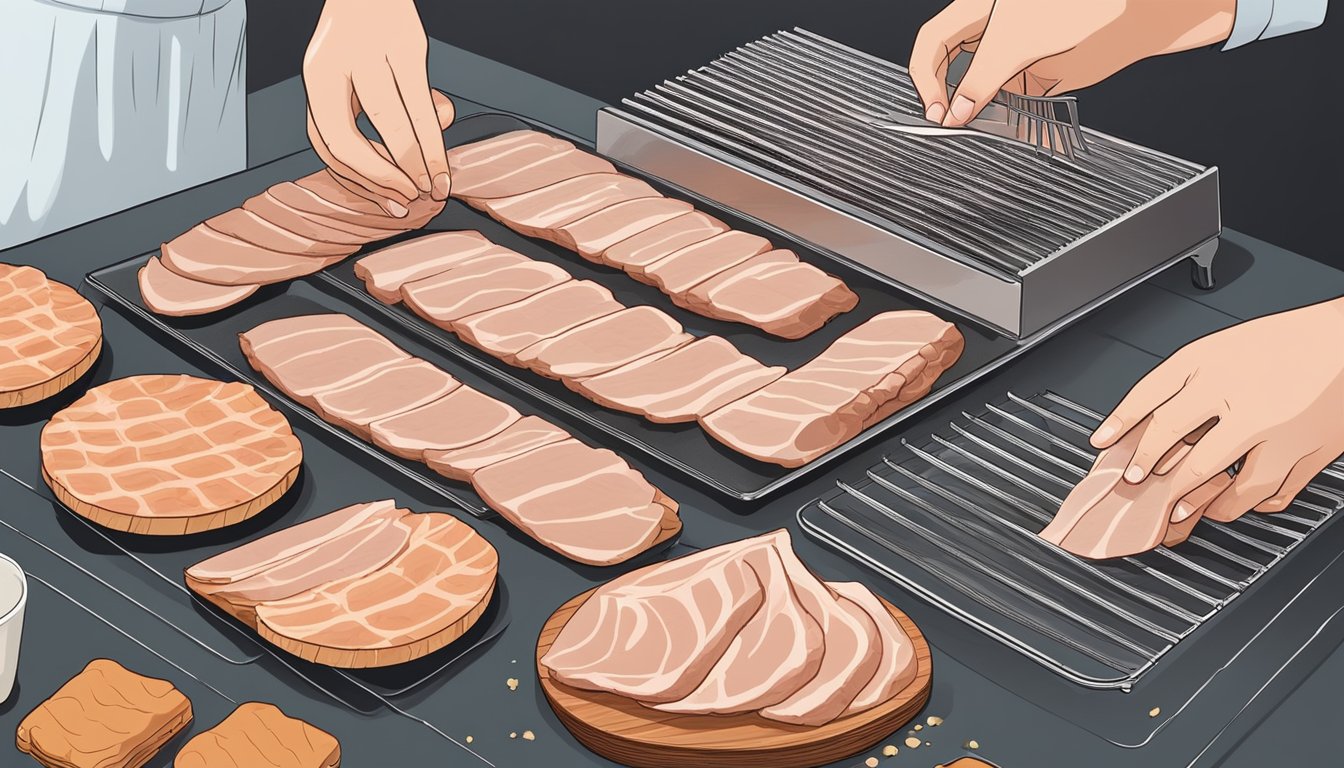 A pork loin is being sliced into thin strips and arranged on the dehydrator trays, with seasonings being sprinkled on top