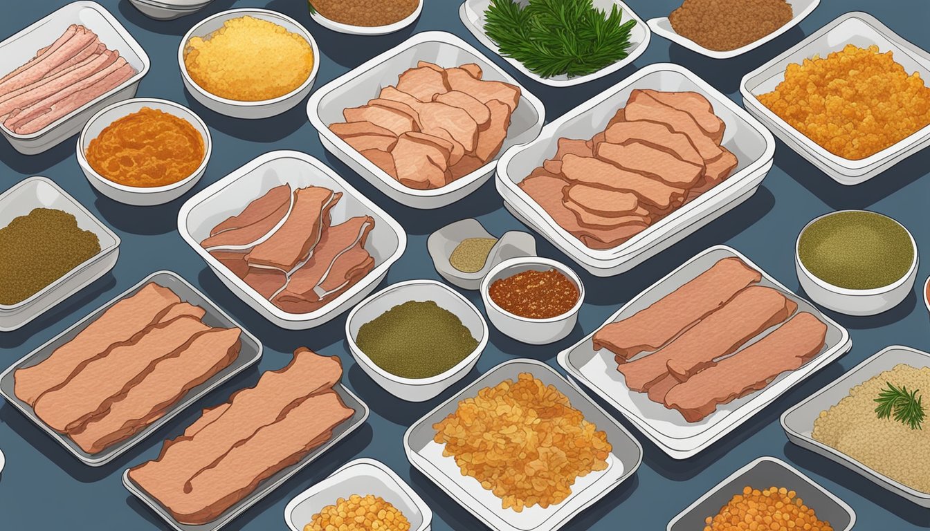 Pork strips laid out on dehydrator trays, surrounded by various seasonings and marinades in bowls