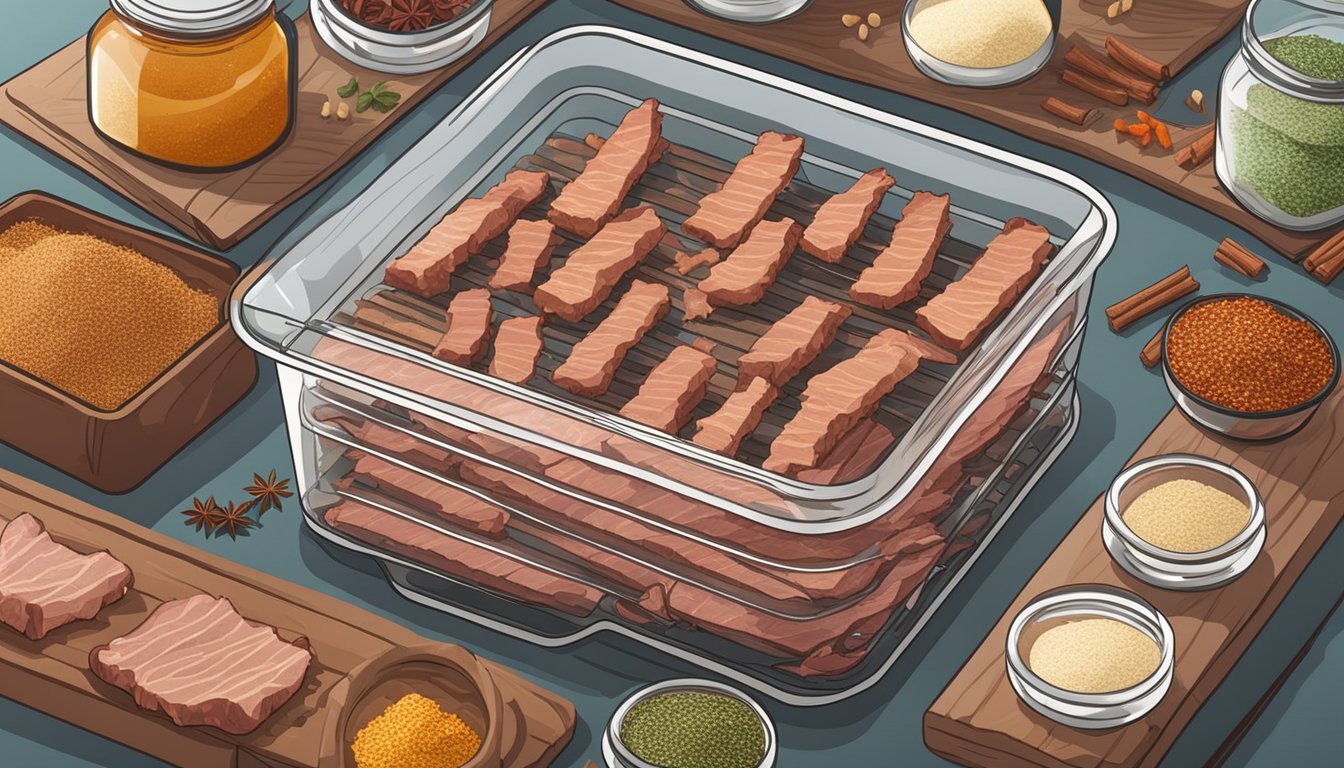 Pork strips laid out on dehydrator trays, surrounded by seasonings and spices. A timer set and jars ready for storing the finished homemade jerky