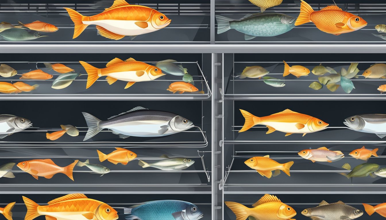 A variety of fish laid out on wire racks inside a modern oven, with the heat emanating from the oven's coils