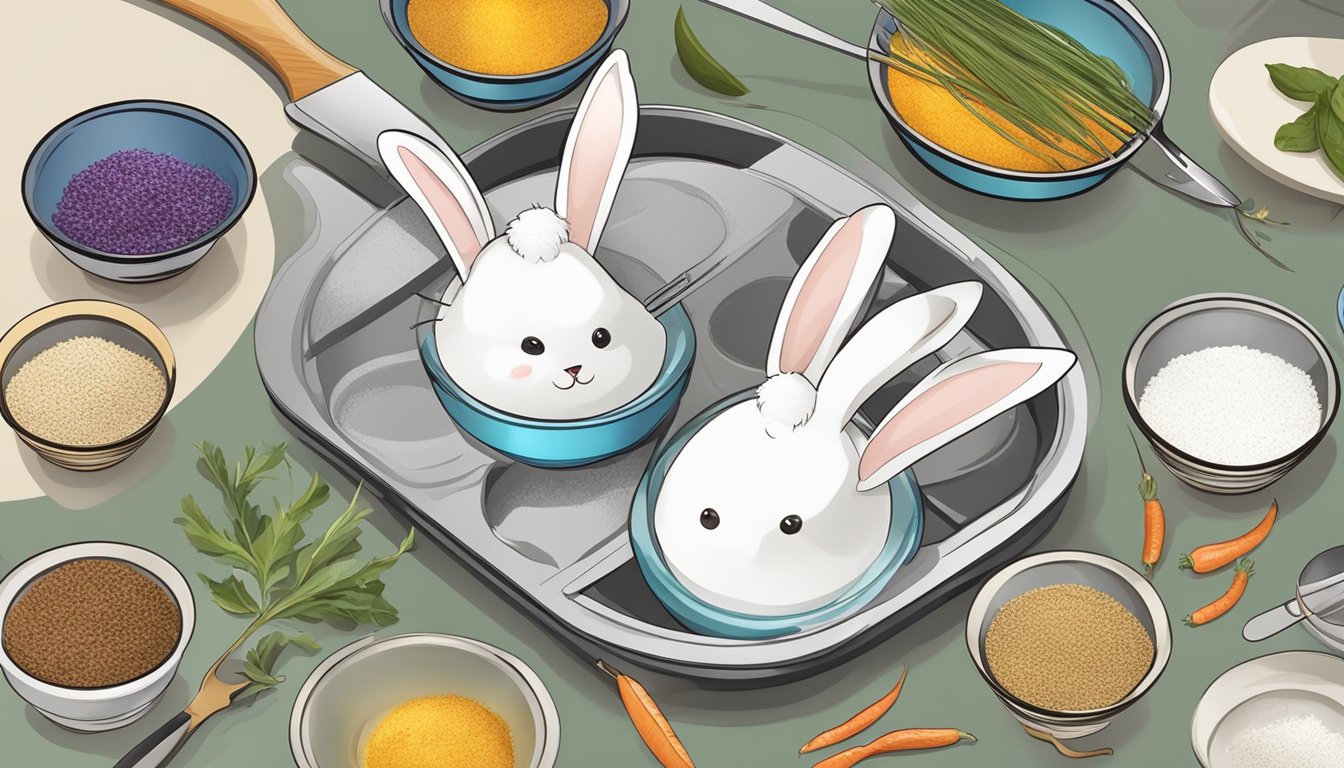 Rabbit ears placed on a dehydrator tray, surrounded by small bowls of seasoning and a knife for preparation