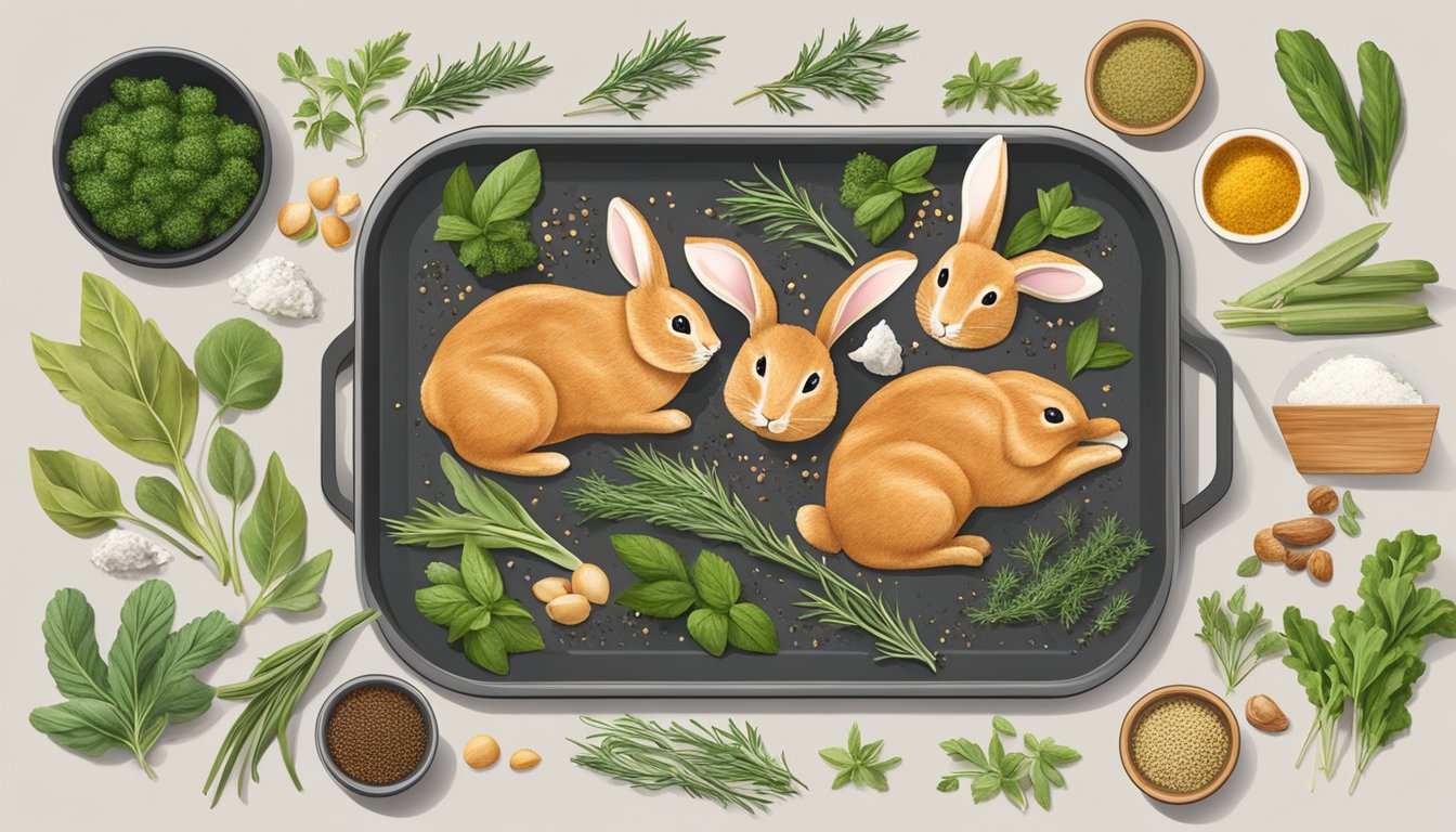 Rabbit ears laid out on a dehydrator tray, surrounded by various seasonings and herbs