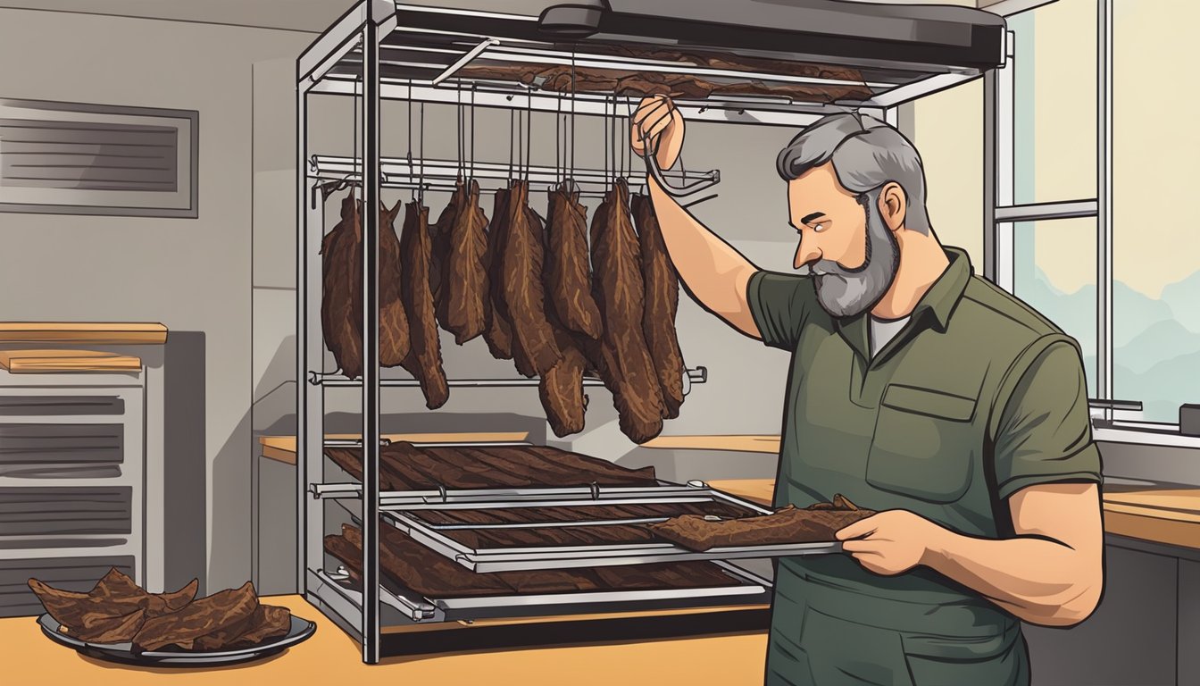 A hunter hangs strips of venison on a dehydrator rack, setting the temperature and timer for the jerky to dry out