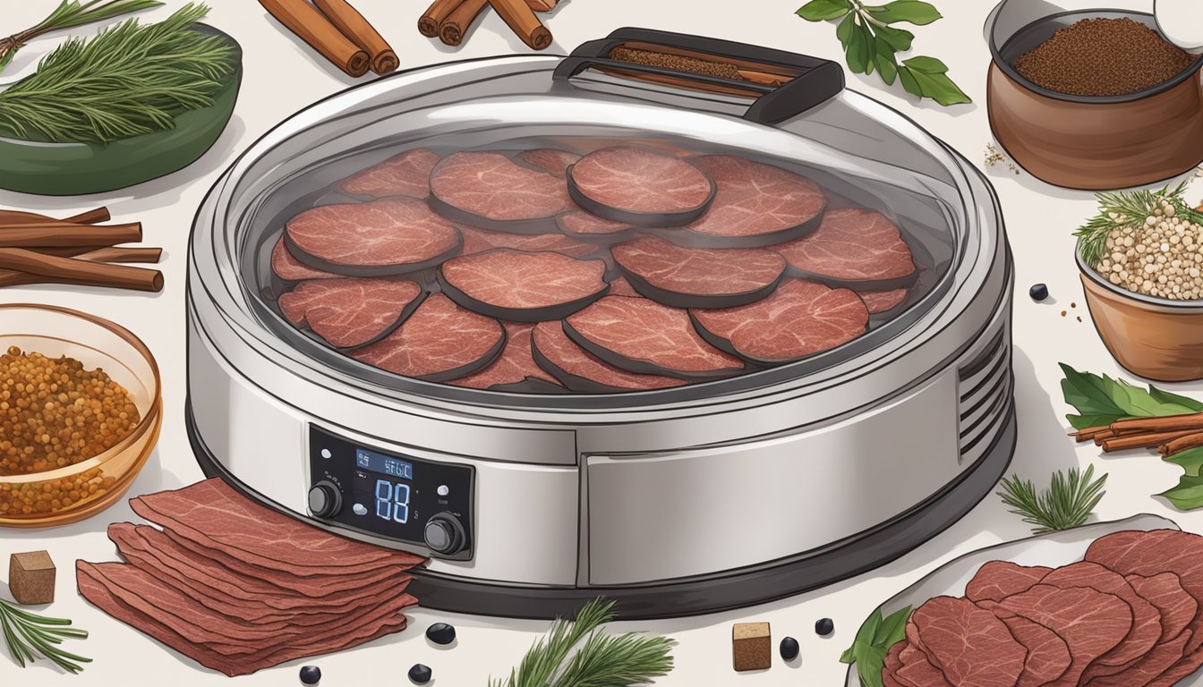 A dehydrator filled with thinly sliced deer meat, surrounded by various seasonings and spices