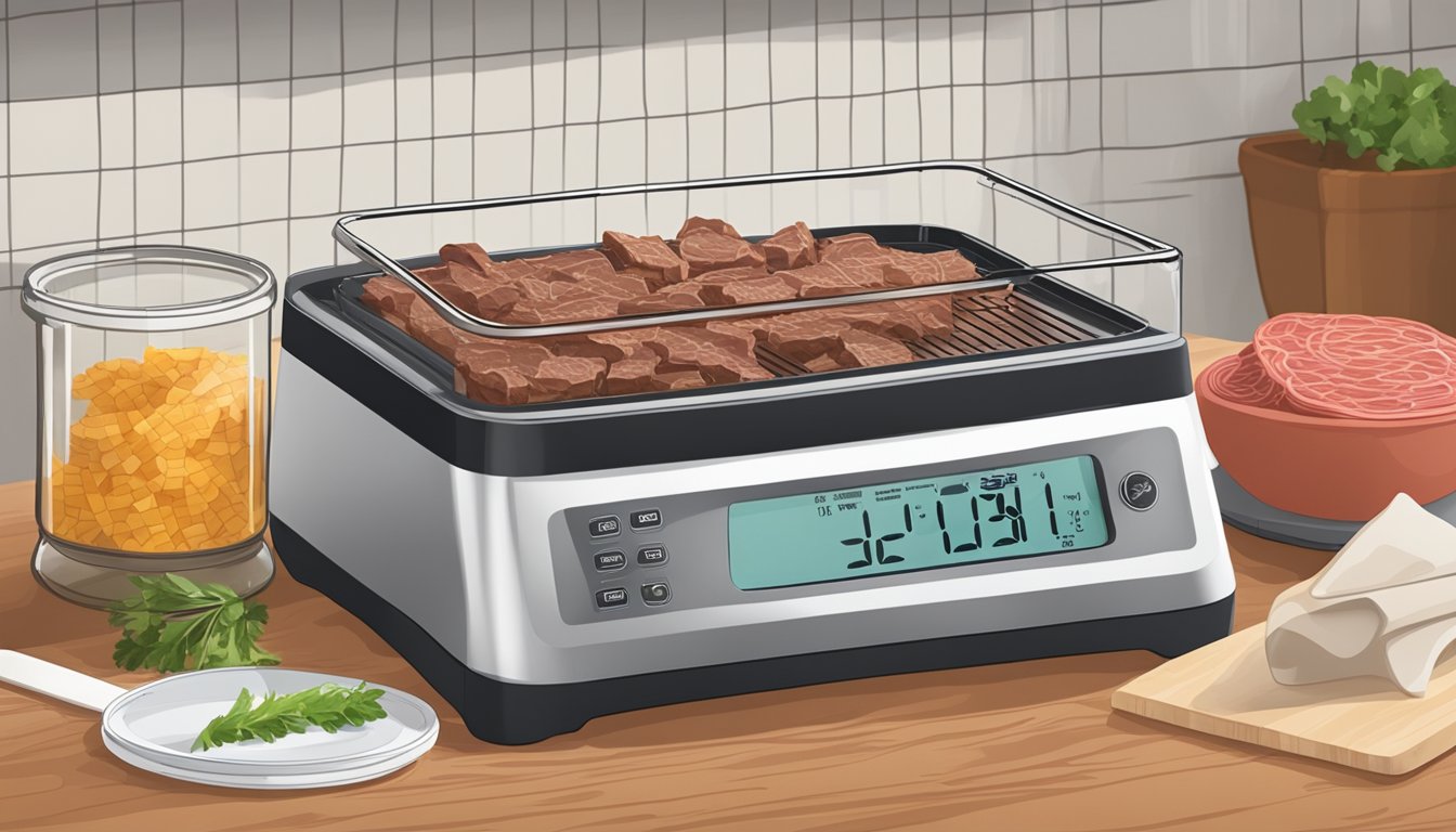 A kitchen counter with a dehydrator filled with strips of beef, a timer set for several hours, and a thermometer monitoring the temperature