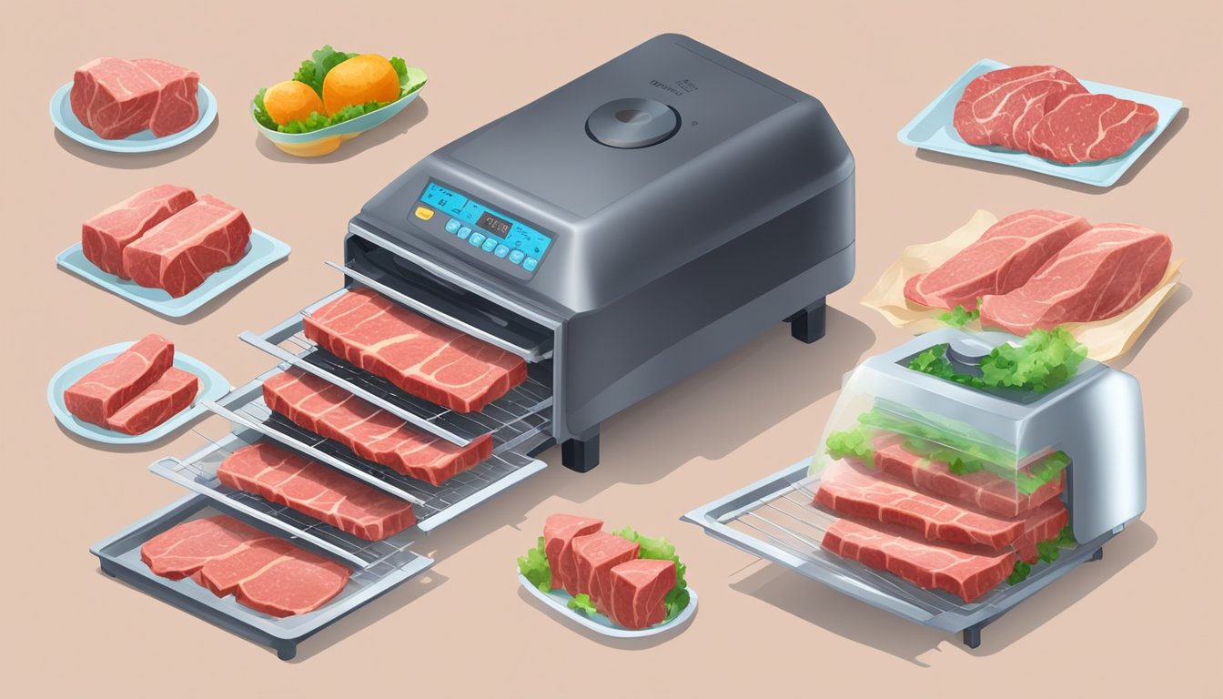 Thin slices of beef arranged on dehydrator trays, heat rising from the machine, timer set for several hours