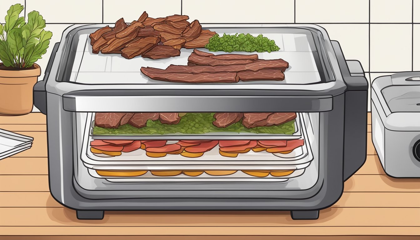 A dehydrator with trays of marinated beef strips, timer set for 8 hours