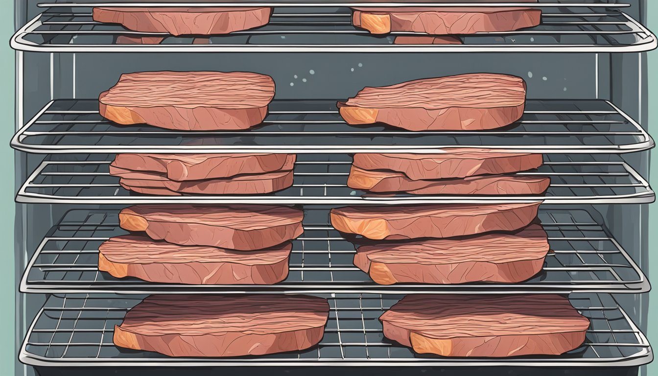 Slices of beef soaking in a marinade, laid out on a wire rack inside a dehydrator