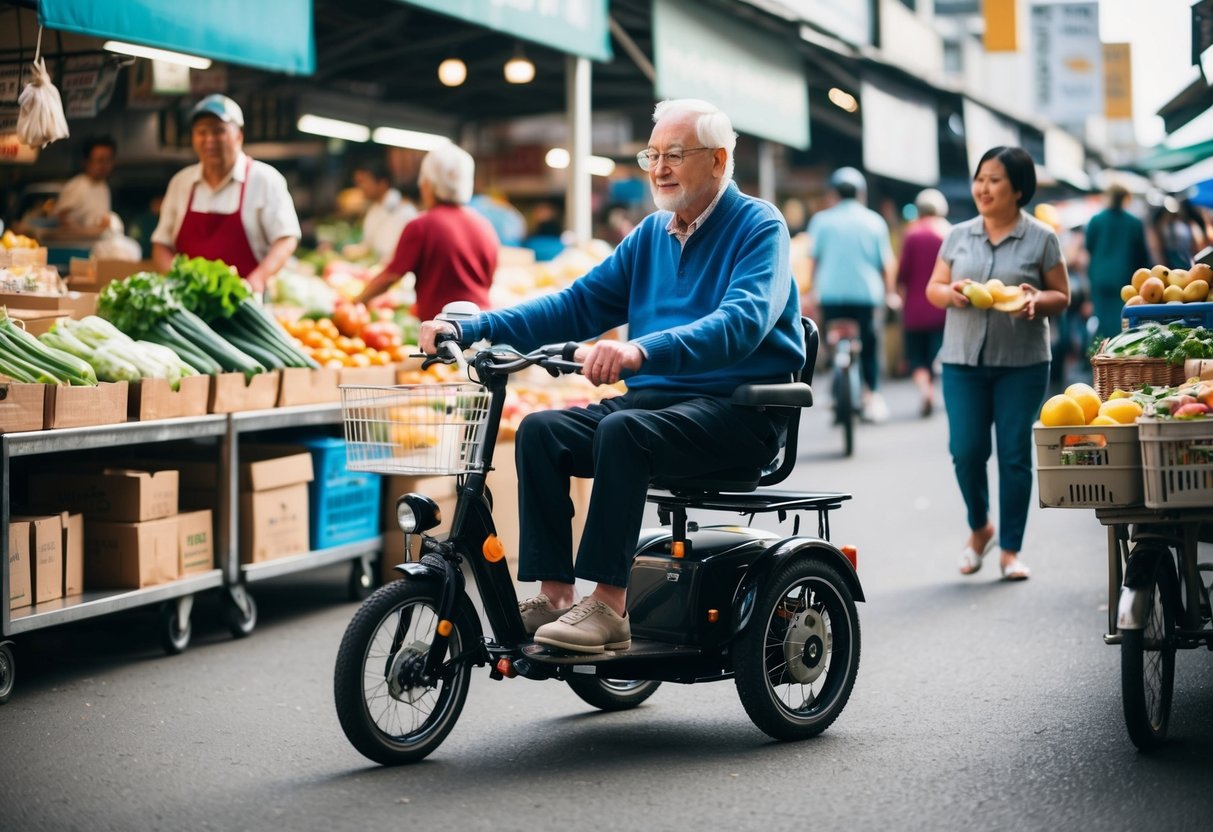 An elderly person effortlessly navigates through a bustling market on their electric trike, confidently stopping to chat with vendors and selecting their own groceries