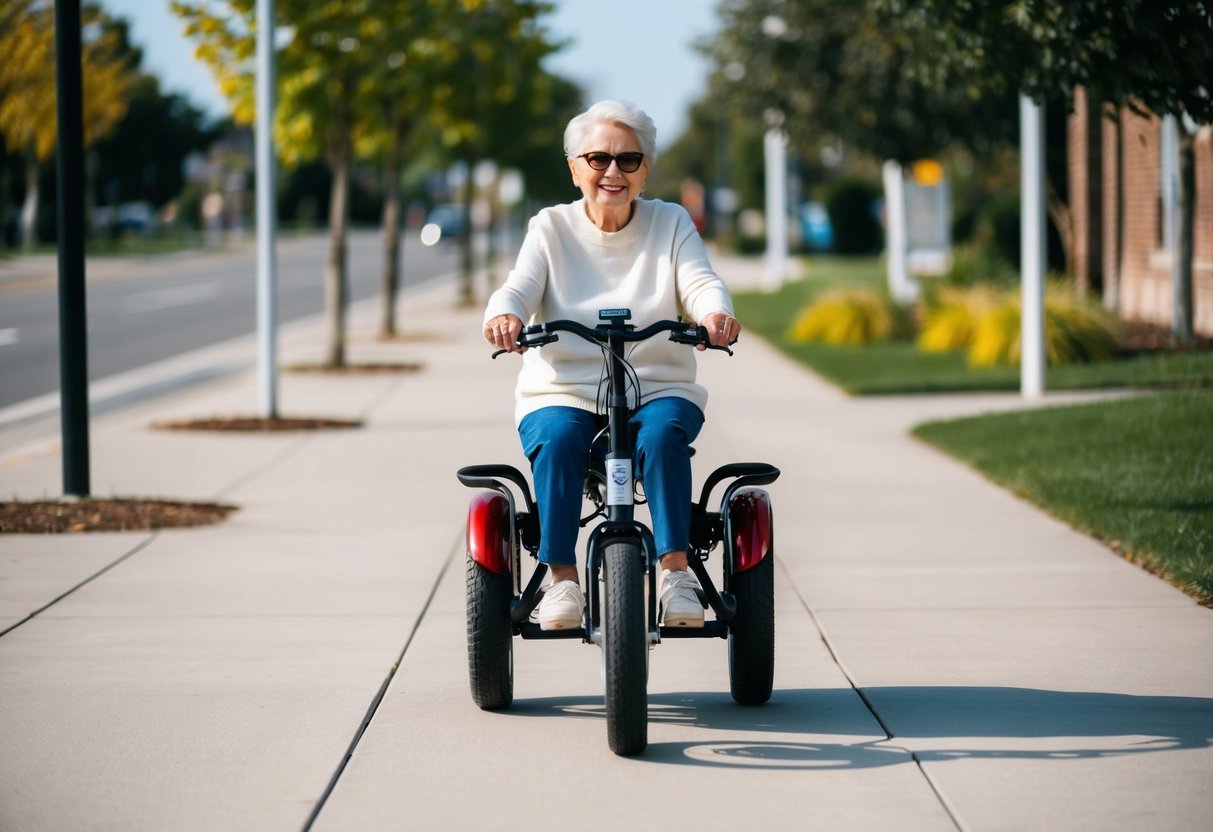 An elderly person confidently rides an electric trike on a smooth, well-lit sidewalk, surrounded by safety features such as a sturdy frame, wide tires, and bright LED lights