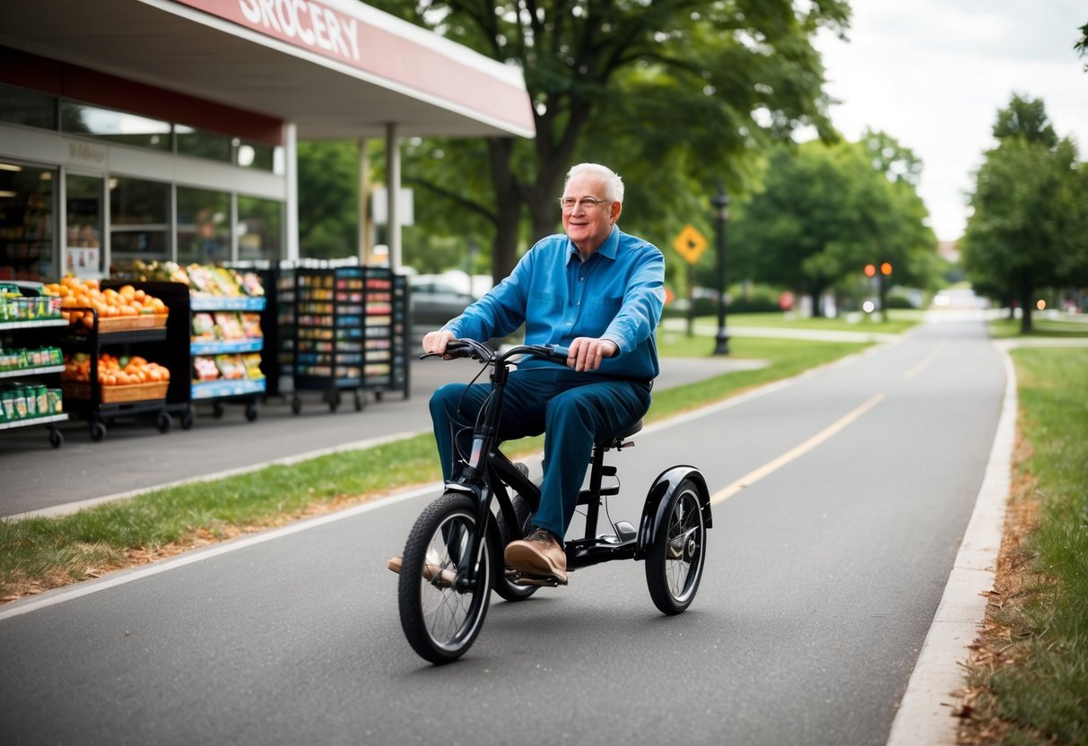 A senior effortlessly rides an electric trike along a scenic, paved path, passing by a grocery store and a park
