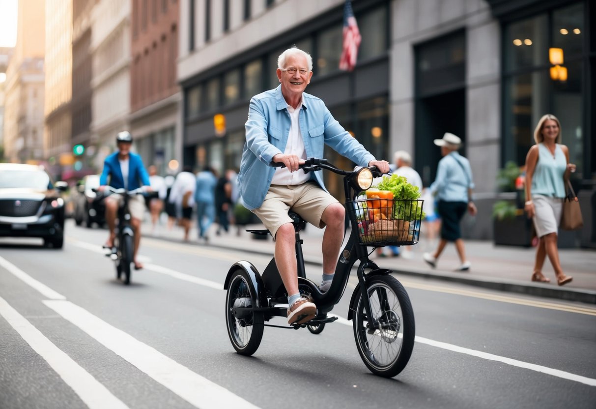 A senior confidently navigates a bustling city street on an electric trike, carrying groceries in the front basket and smiling as they pass by pedestrians
