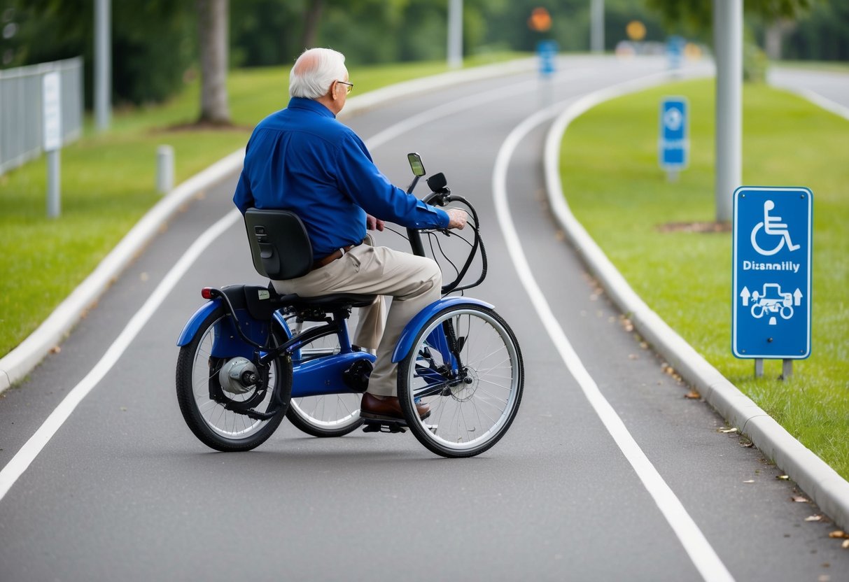 A senior effortlessly rides an electric trike on a smooth, accessible pathway, passing by clear signage indicating disability-friendly features
