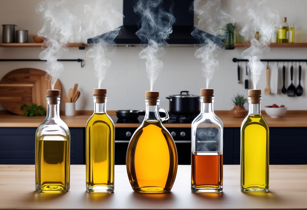 A variety of cooking oils in different containers, each emitting smoke at different levels, surrounded by a kitchen backdrop