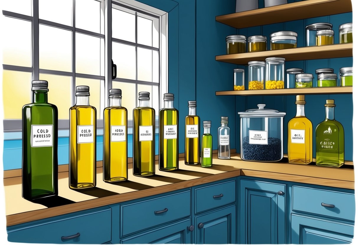 A sunny kitchen with various oils in clear glass bottles on a wooden shelf, some labeled "cold-pressed," others "refined." Airtight containers and a cool, dark pantry for storage