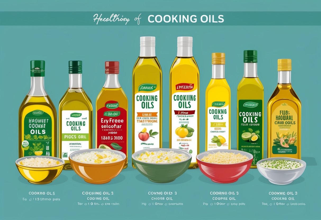 A variety of cooking oils in different portion sizes, with a focus on healthier options