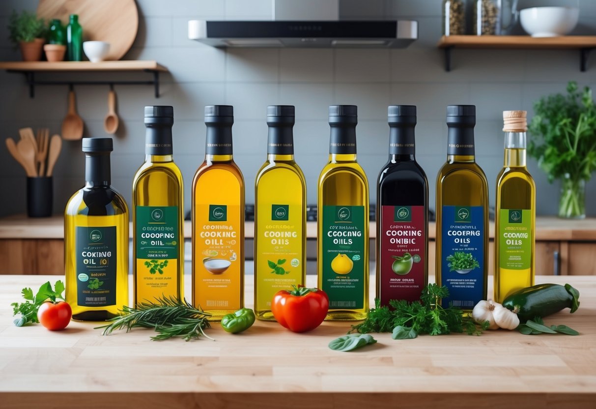 A variety of colorful bottles of cooking oils arranged on a kitchen counter, with a few fresh herbs and vegetables scattered around for decoration