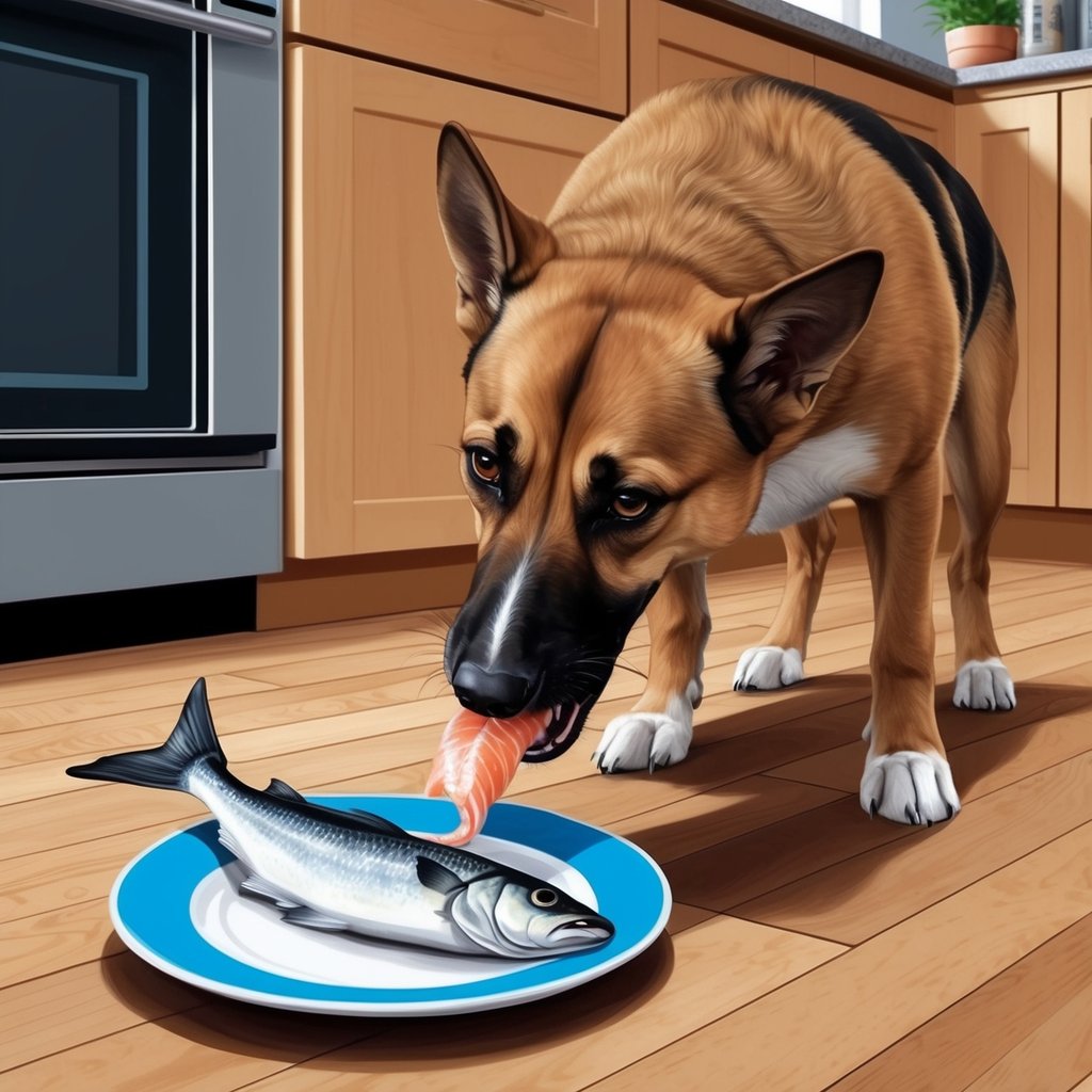 A dog eagerly eats raw fish from a plate on a kitchen floor