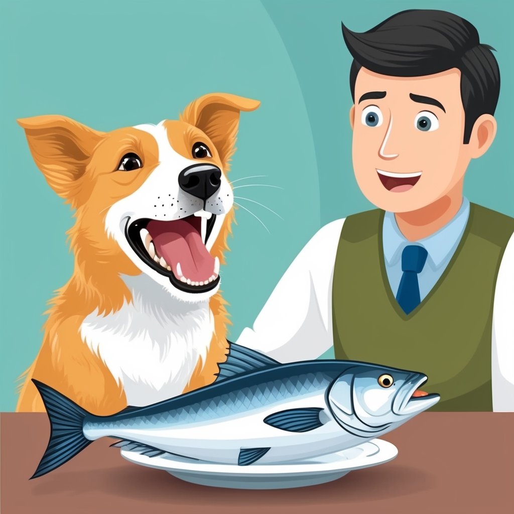 A happy dog eagerly devouring a fresh raw fish, while a concerned owner looks on, weighing the benefits and risks