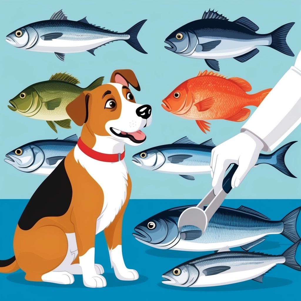 A dog eagerly watching as a variety of safe fish types are being prepared for cooking, with colorful seafood displayed in the background