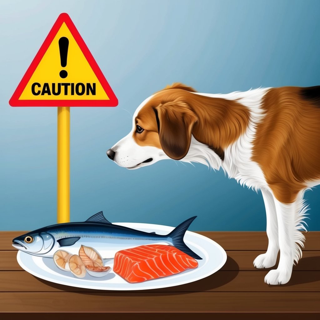 A dog turning away from a plate of raw fish and seafood with a caution sign next to it