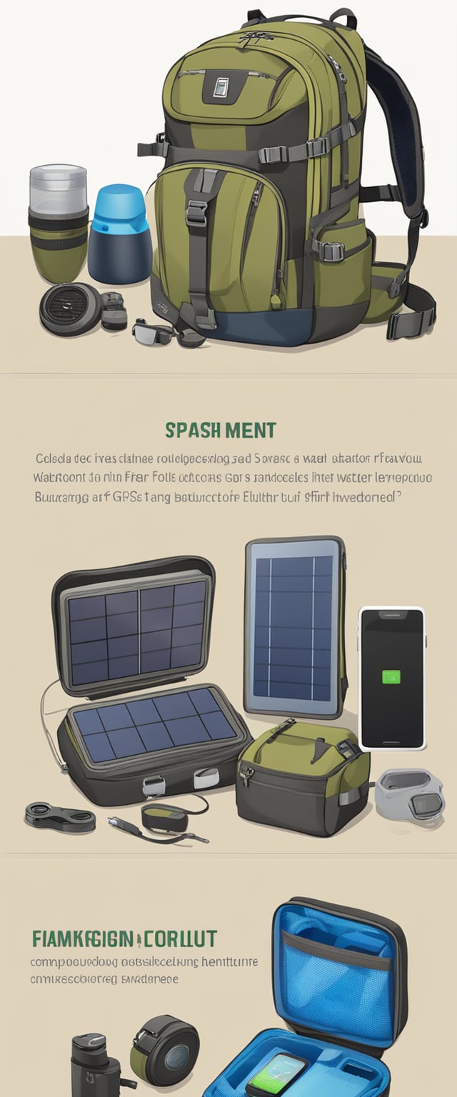 A rugged backpack lies open, revealing a solar-powered charger, waterproof Bluetooth speaker, and compact multi-tool. Nearby, a durable GPS watch and portable water filter sit ready for adventure as top outdoor gadgets.