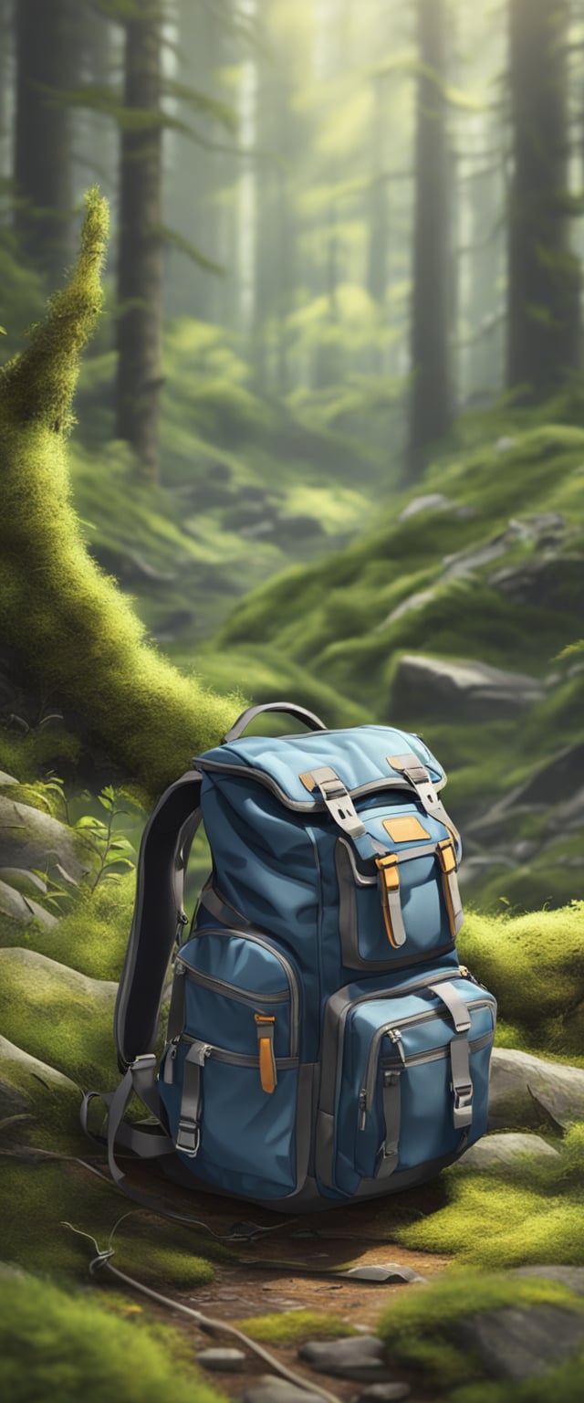 A rugged backpack full of a collection of high-tech outdoor gadgets on a mossy forest floor