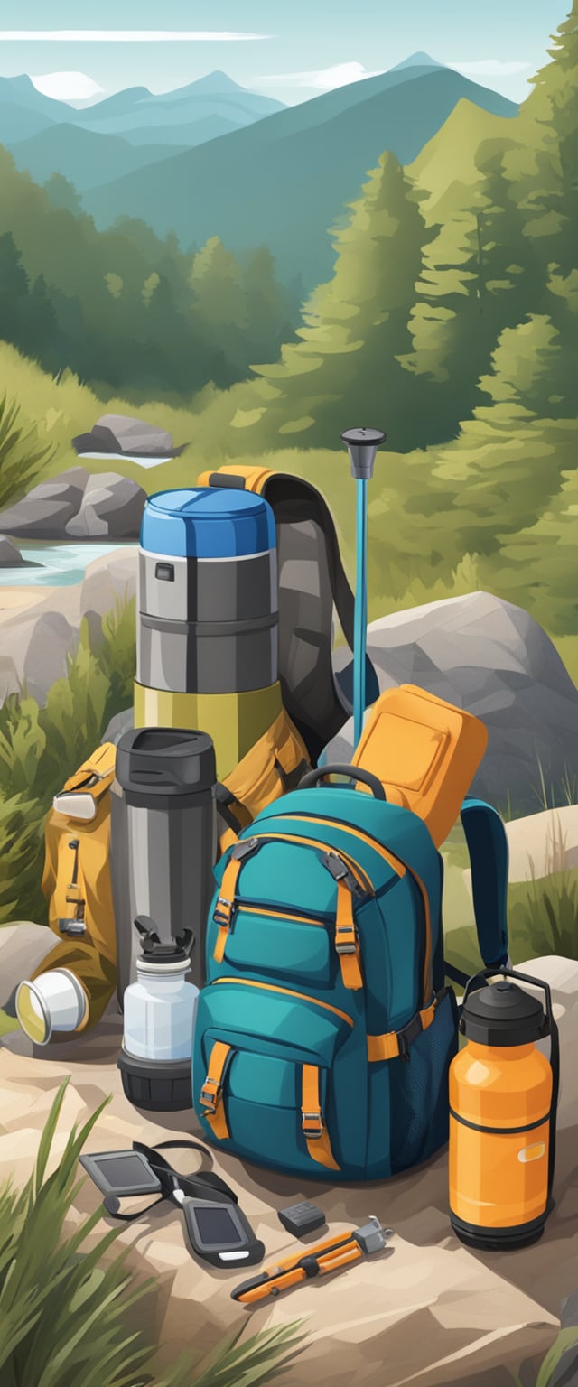 A rugged backpack filled with camping gear, a solar-powered lantern, a multi-tool, and a sturdy water bottle laid out on a rocky trail